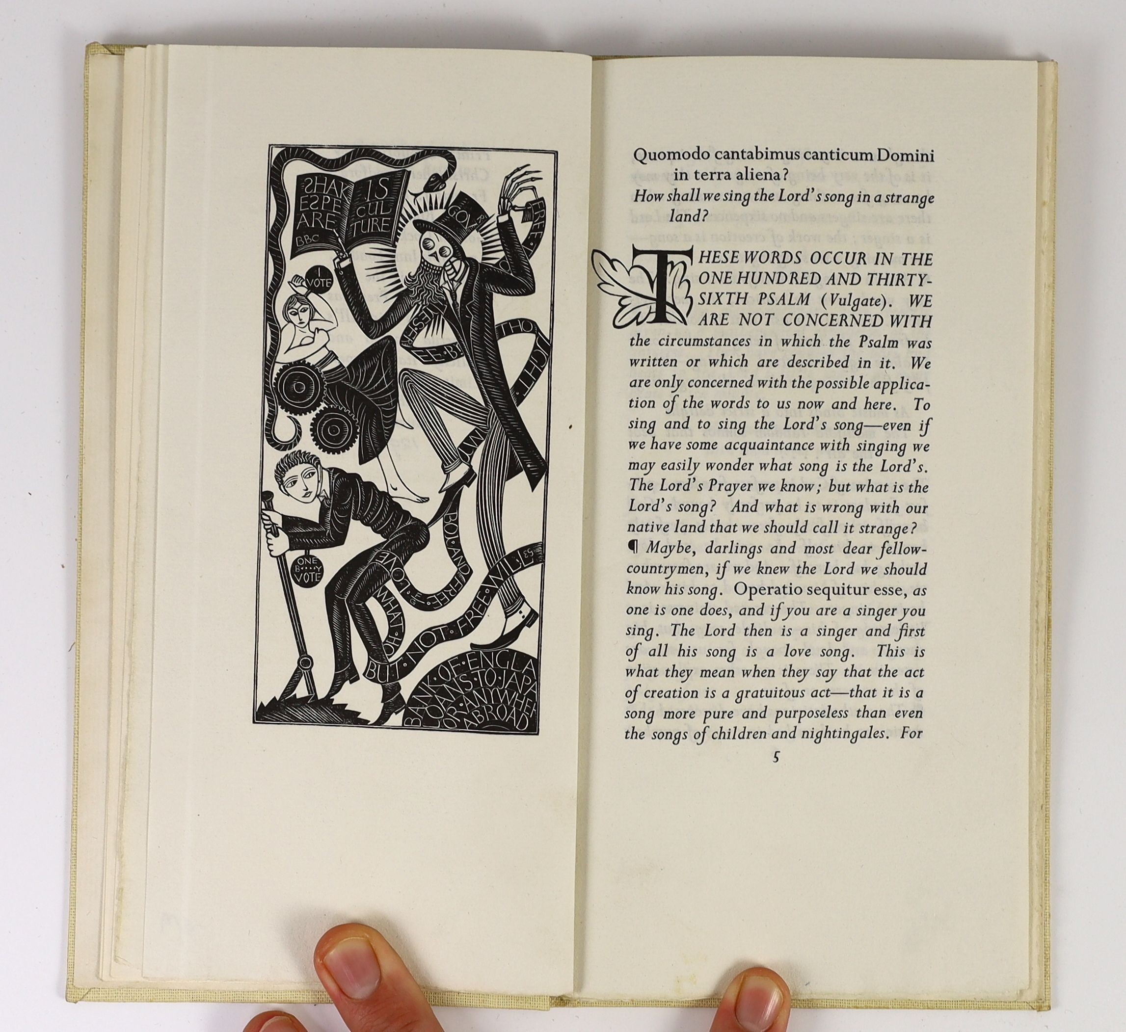 Golden Cockerel Press - Gill, Eric - The Lord’s Song. A Sermon, one of 500, cream buckram, with gilt monograms GCP, with two wood-engravings, Waltham Saint Lawrence, 1934